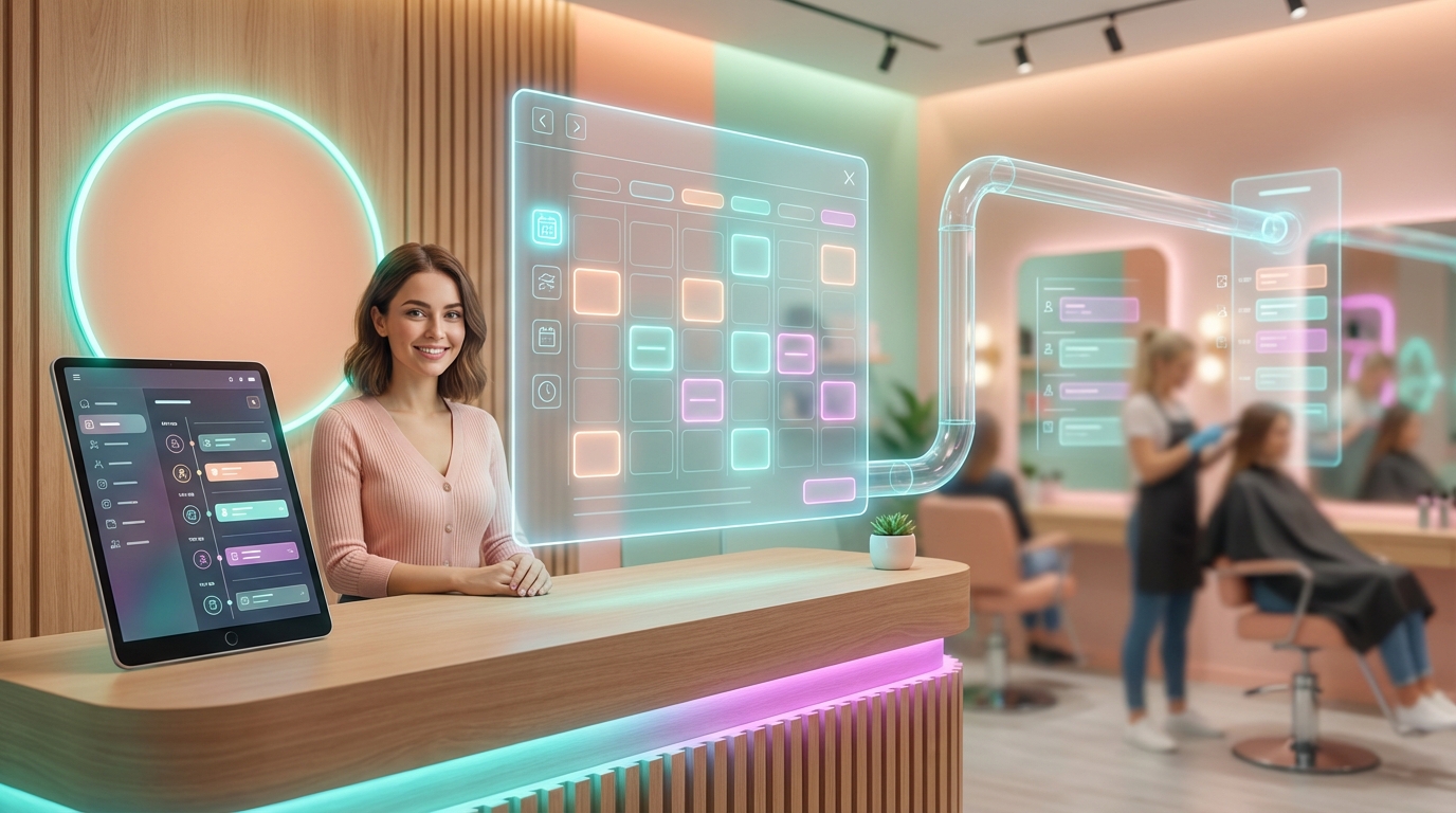 Moderner Friseursalon mit schwebendem Buchungs-Interface; Zeitersparnis visualisiert.