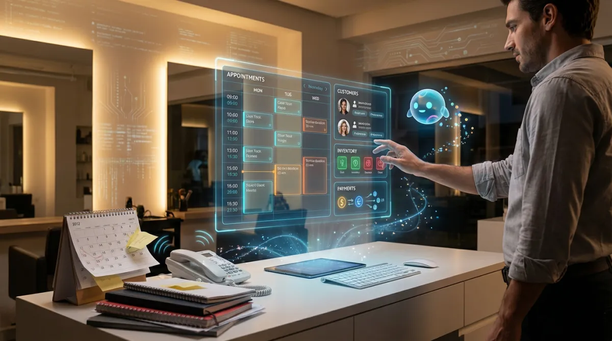 Moderne Friseursalon-Szene mit holografischer Terminbuchungsoberfläche über dem Arbeitsplatz.