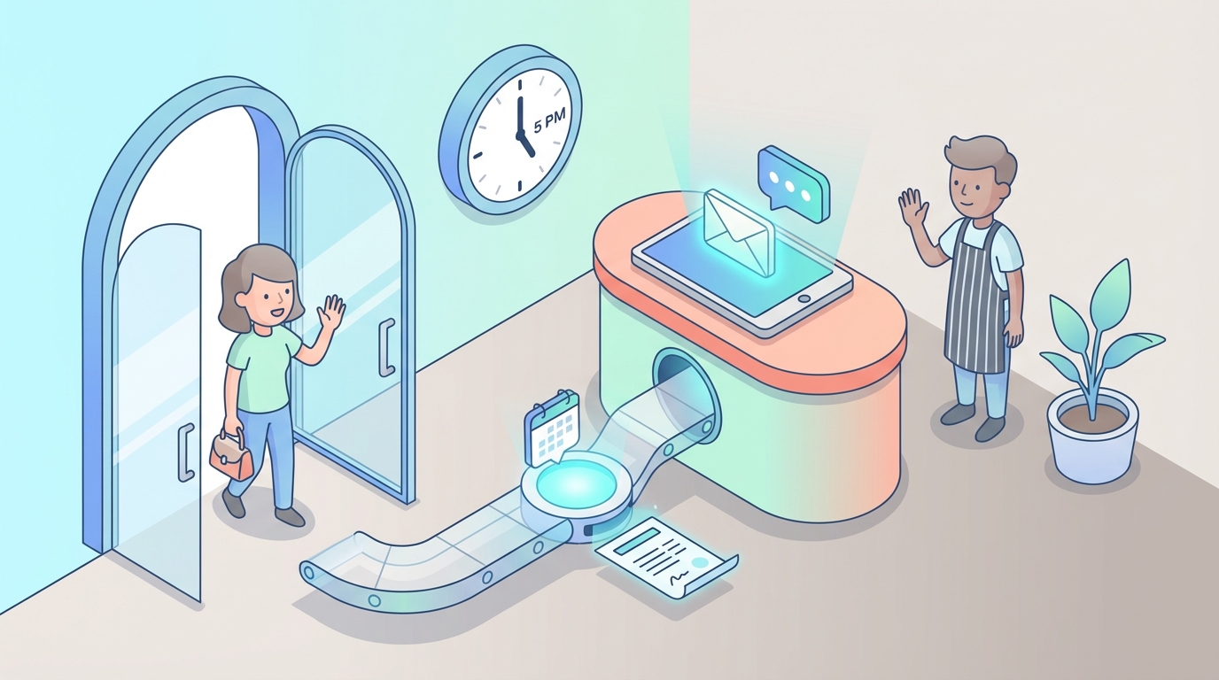 Isometric salon scene showing a stylist and client with a hovering smartphone and icons representing automated feedback flowing to a central cloud hub.