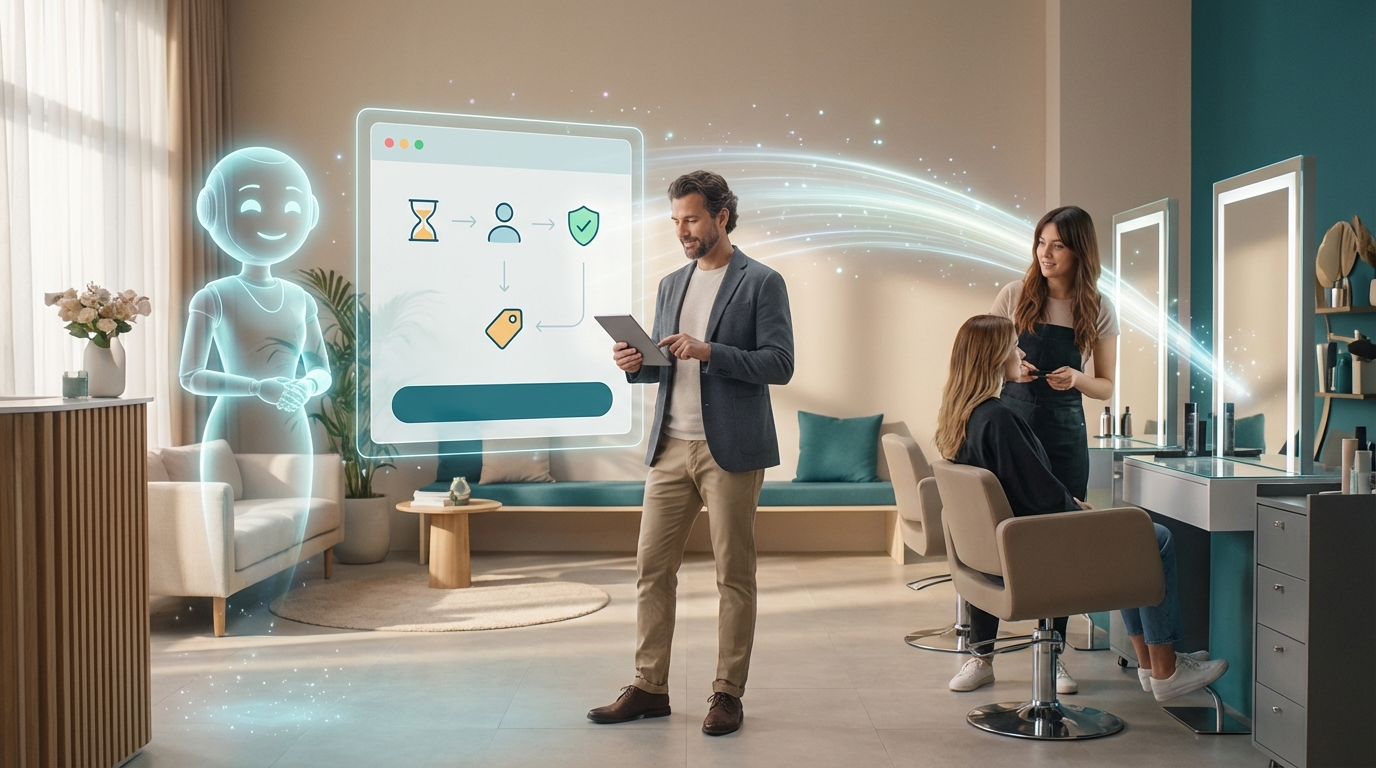 Moderne Salonszene mit holographischer Buchungs-UI, die Vorab-Informationen visualisiert.