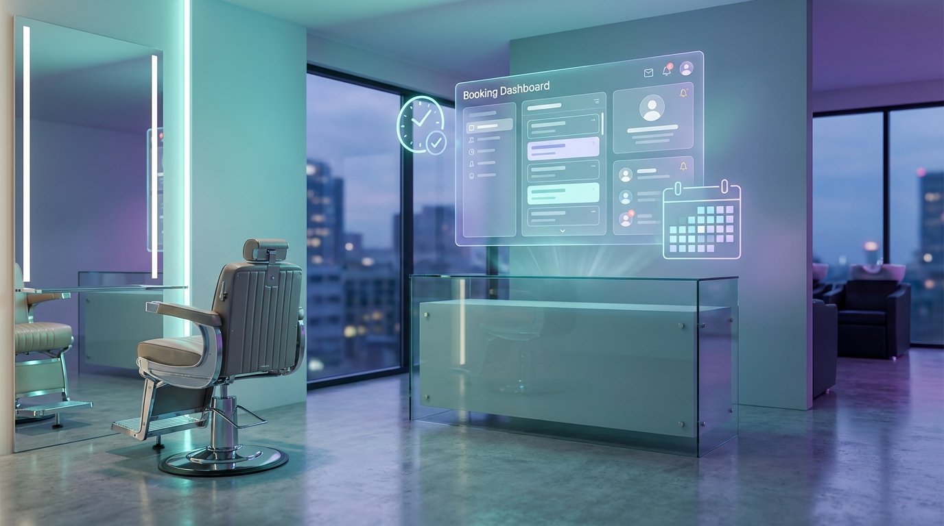 Futuristic salon with a holographic booking interface.