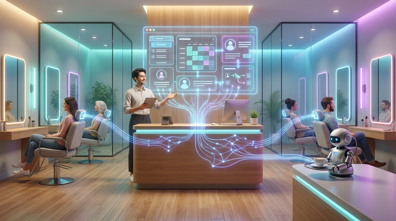 Moderne Friseursalon-Hero mit digitalem Dashboard