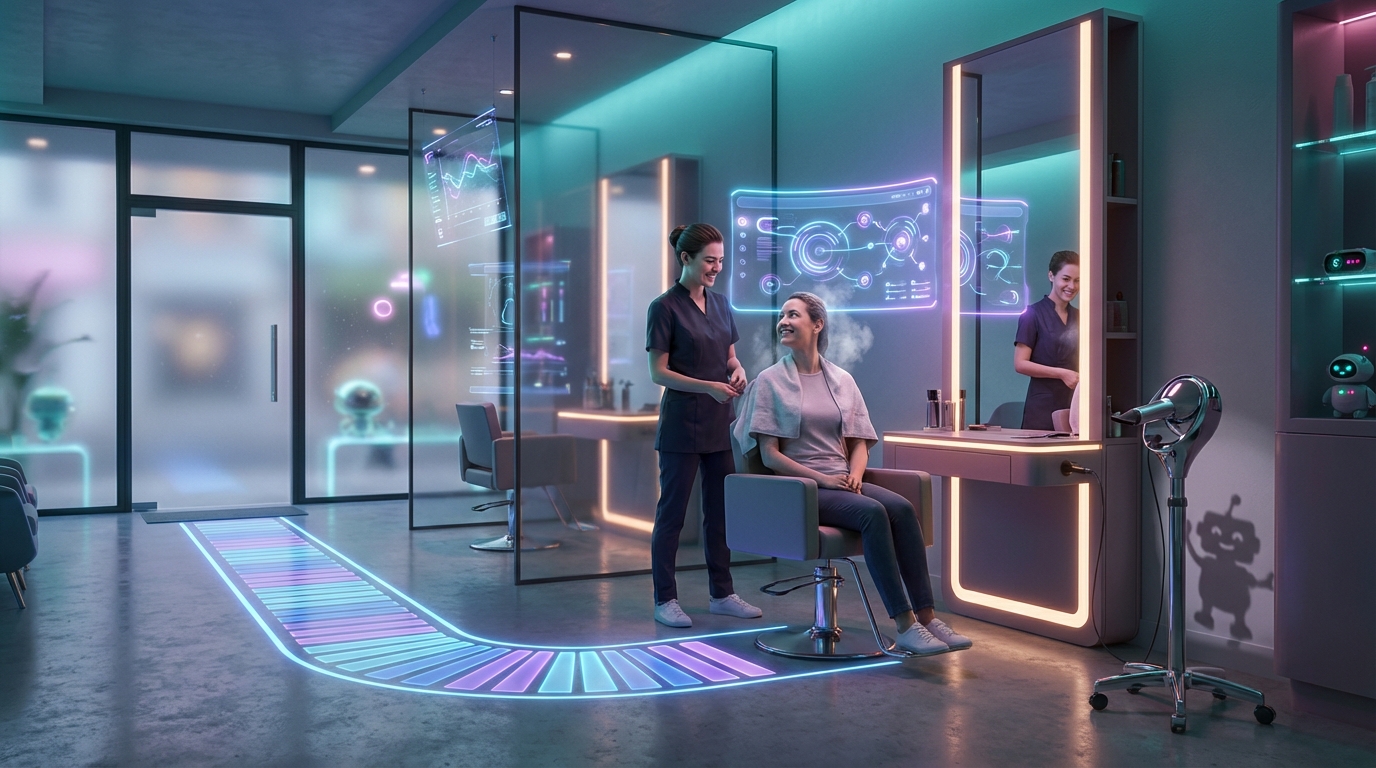 Futuristischer Friseursalon mit leuchtender Buchungs-UI und Pfad der Kundenreise.
