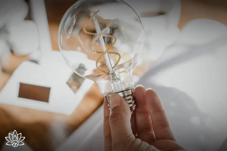 A person holding a glowing lightbulb, symbolizing creativity, clarity, and transforming constraints into new possibilities