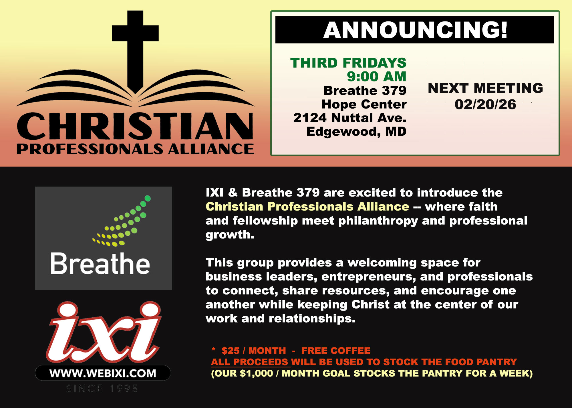 Christian Professionals Alliance (Breathe 379's NANA Group) meeting on February 20th!