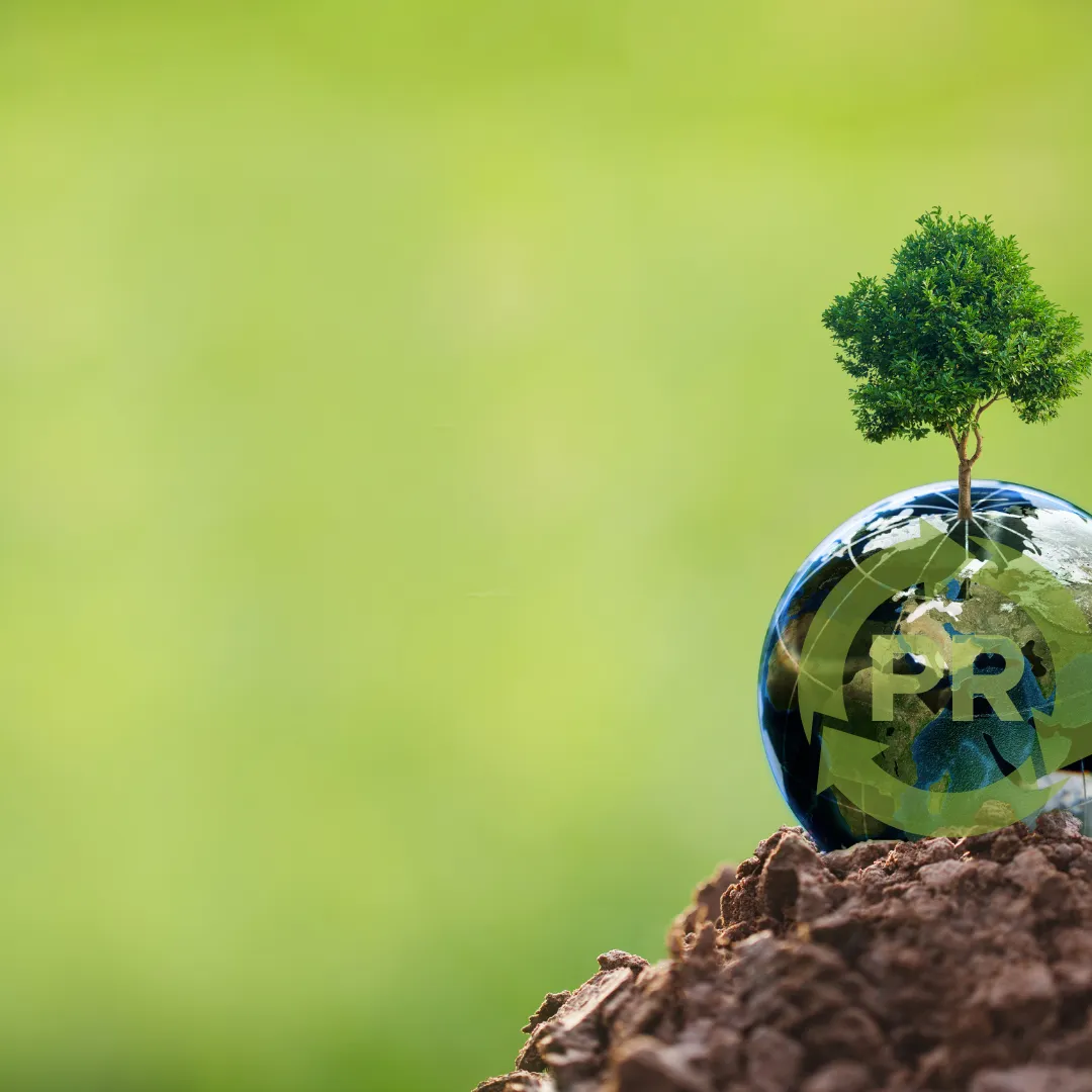 Image shows a green background with a glass globe with a tree growing out of it sitting on a mound of earth on the left side.  The words PR can be seen inside the globe.