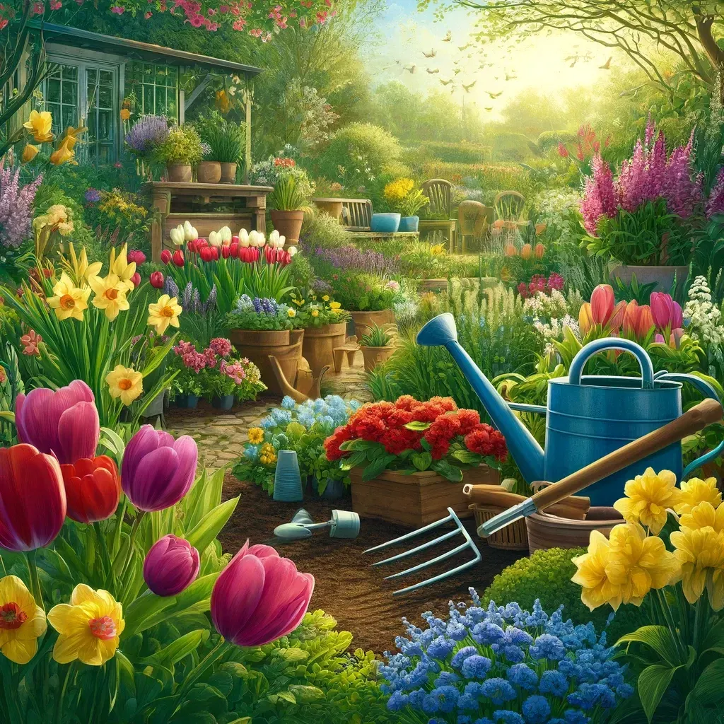 A vibrant garden scene with a variety of blooming flowers including tulips, daffodils, and hydrangeas. Garden tools like a watering can, trowel, and rakes are neatly arranged in the foreground, set against a backdrop of a quaint greenhouse and a lush landscape bathed in soft morning light.