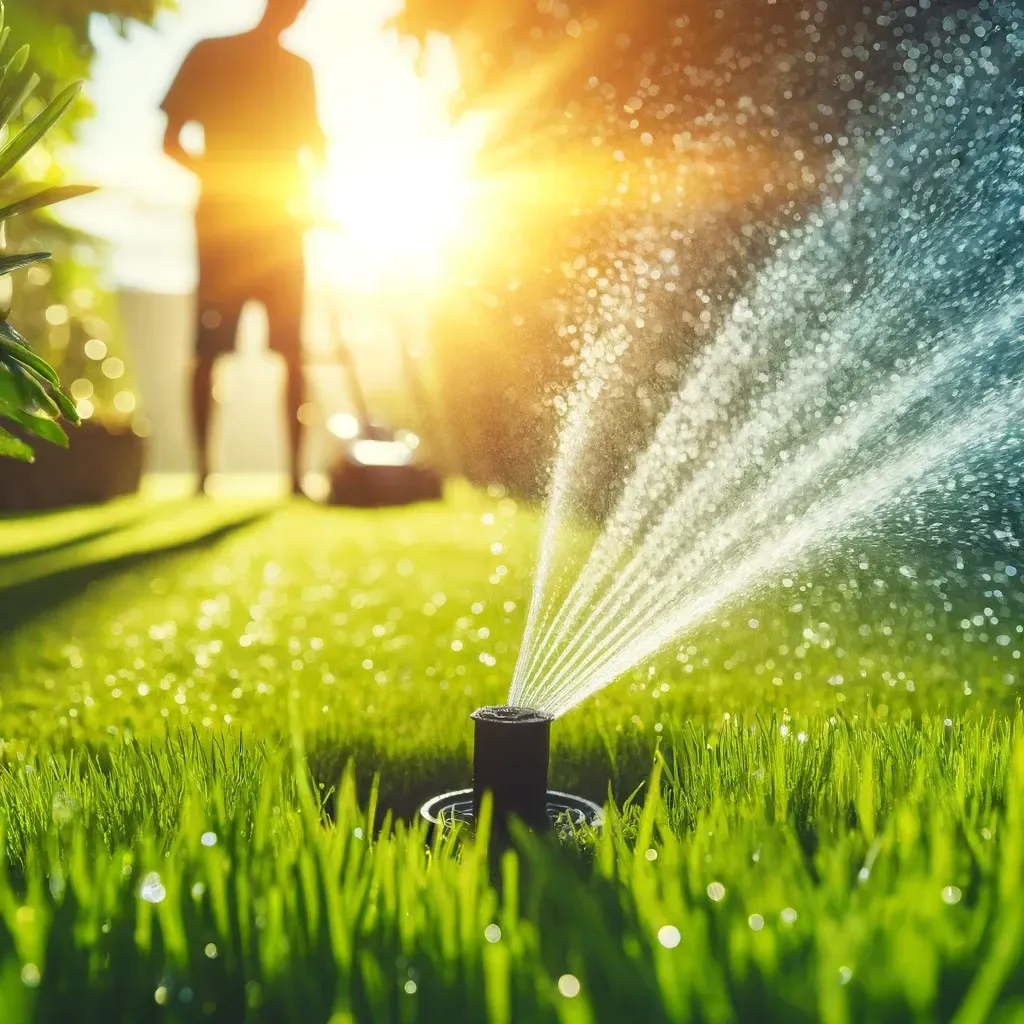 The scene features a lush green lawn under the summer sun with a sprinkler system in action, capturing the essence of effective summer lawn maintenance.