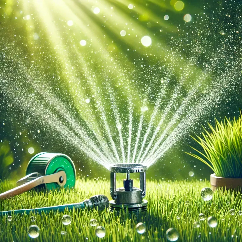 lush green lawn under bright sunlight with a sprinkler system in action, capturing the essence of effective summer lawn maintenance.