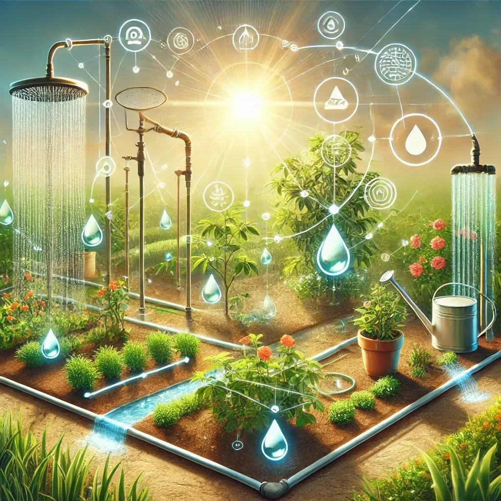 The image vividly depicts a garden utilizing various techniques like drip systems, soaker hoses, and DIY rainwater harvesting, showing plants thriving in the summer heat.