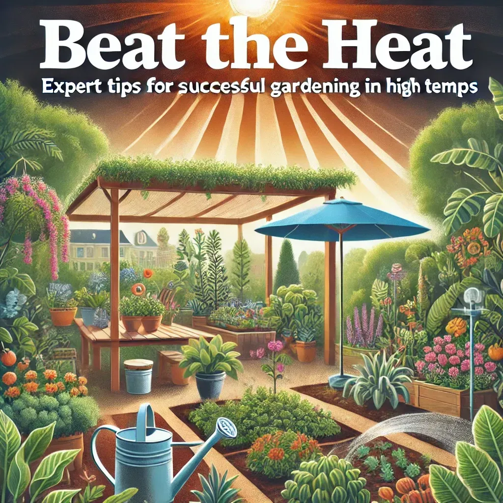 The image features a vibrant garden thriving under intense sun, with elements like a shade cloth, mulch, and an irrigation system in use, perfectly capturing the essence of the article.