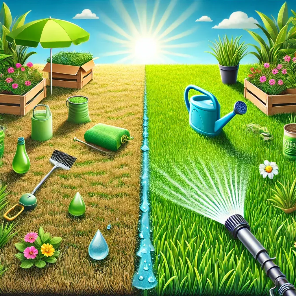 The image visually contrasts burnt, unhealthy grass with vibrant, healthy grass, including elements like a watering can and sprinkler system to symbolize proper lawn care.