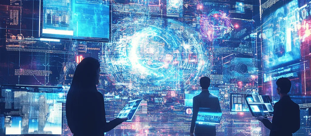 Futuristic digital marketing scene with four silhouetted individuals interacting with transparent digital tablets, standing before a massive holographic interface filled with glowing data streams, charts, and a central swirling digital vortex. The environment is high-tech, immersive, and reminiscent of a virtual command center.