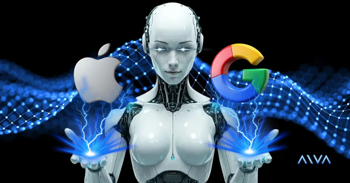 Futuristic female humanoid robot with a sleek metallic design holding holographic Apple and Google logos in each hand, symbolizing a comparison between the two tech giants in an advanced AI-themed setting.