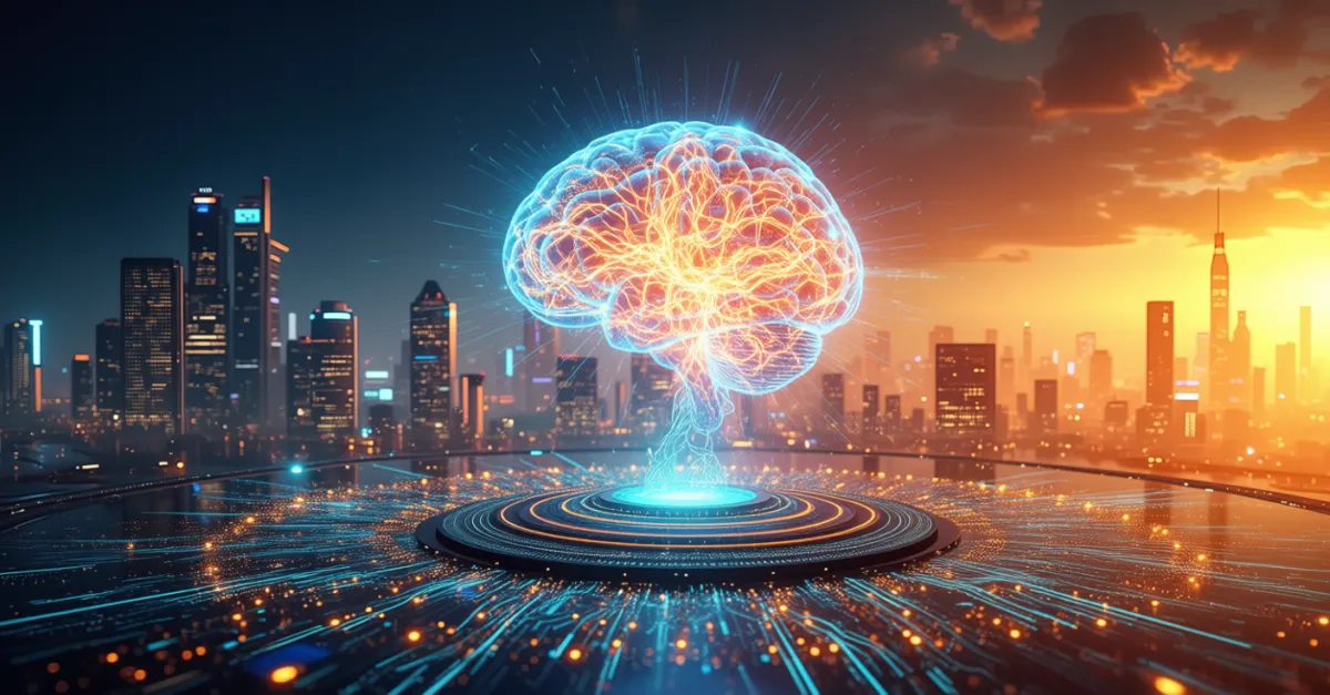 A glowing digital brain representing artificial intelligence hovers above a futuristic cityscape at sunset. The brain emits vibrant orange and blue neural lights, connected to a circular digital platform with illuminated circuits spreading outward, symbolizing AI-powered SEO and smart data connectivity in a modern urban environment.