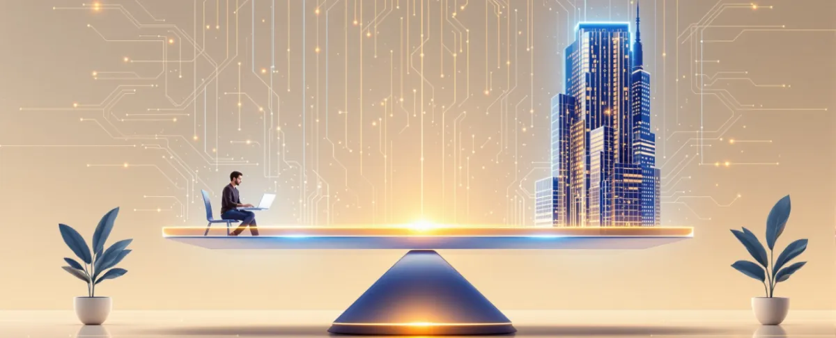 A futuristic digital illustration showing a man working on a laptop balanced on one side of a sleek, glowing platform, with a tall illuminated skyscraper on the other. The two are evenly balanced, symbolizing artificial intelligence as the great equalizer between small businesses and large corporations. Behind them, golden circuit lines flow upward, representing data, technology, and connectivity, with a minimalist modern aesthetic in warm beige and blue tones.