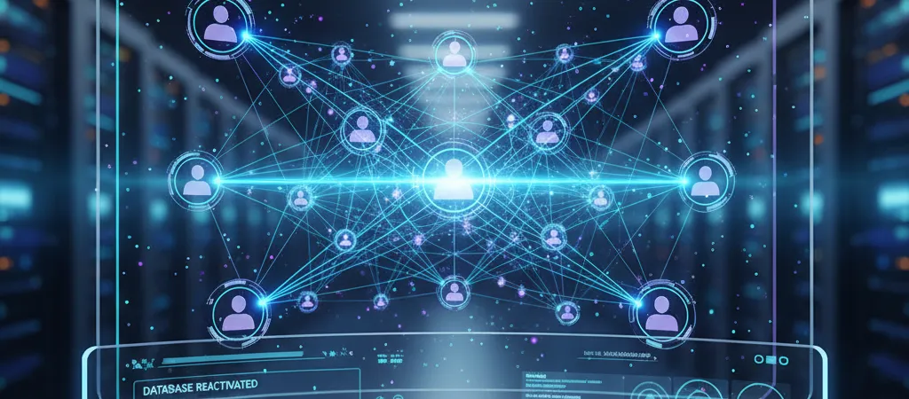 A futuristic digital interface with glowing blue and purple network lines connecting lead profiles, symbolizing AI-powered database reactivation. A holographic dashboard displays messages and appointment confirmations, set against a modern tech-themed background.