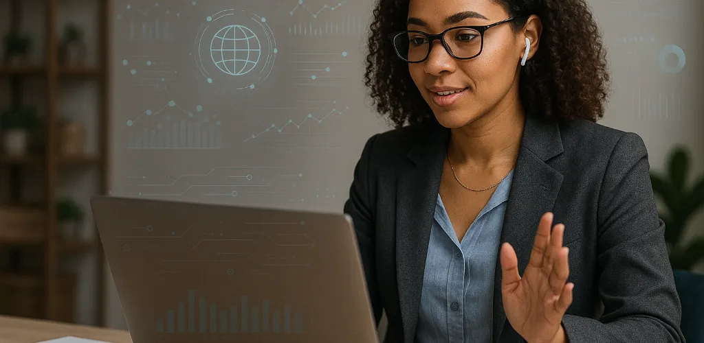 Professional African American woman working on a laptop in a modern office environment, surrounded by subtle digital graphics and data visualizations, representing AI-powered business automation.