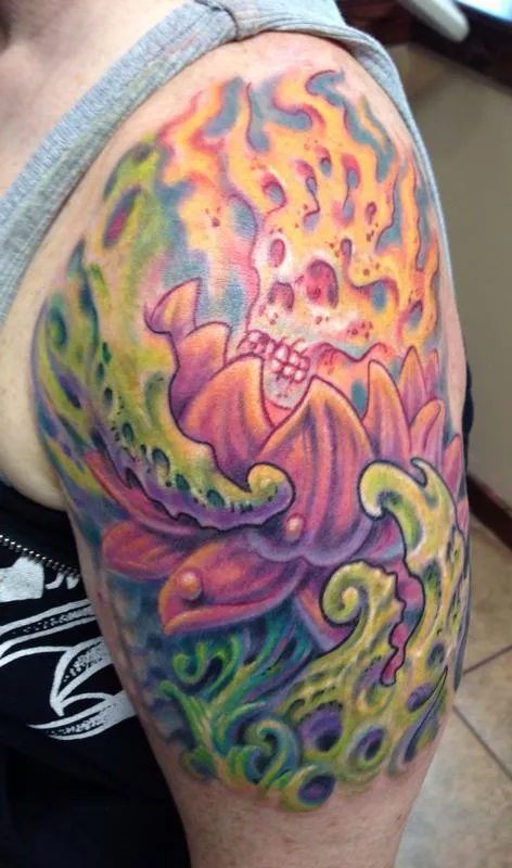 Lotus flower and flame skull