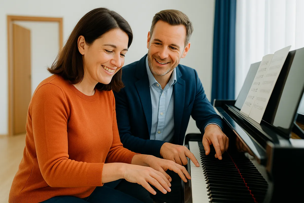 adult female piano student with smiling male piano teacher at a piano 