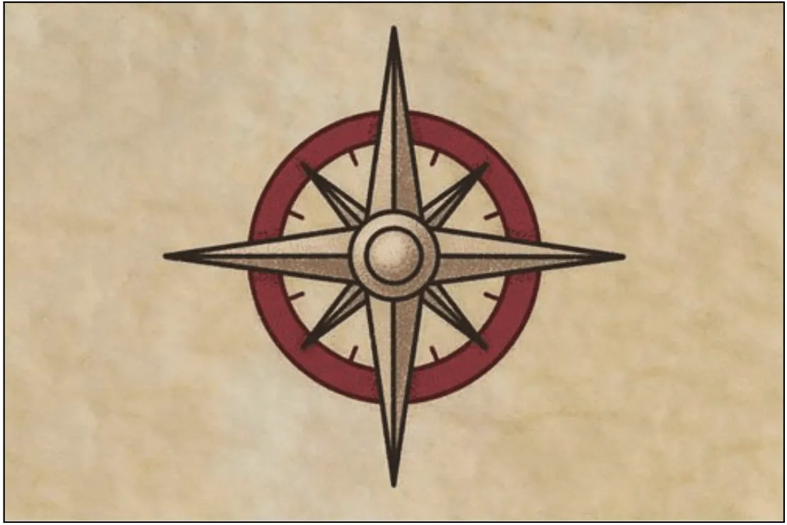 The image shows a traditional compass rose, a design often used to depict directions and navigation. The compass rose consists of a central circular point with four main directional arms (north, south, east, and west), along with smaller points in between representing intermediate directions. The compass is colored with a beige tone for the central arms and a red outer circle that encompasses the directional points. The background appears to have a parchment-like texture, giving the image an aged or vintage feel, commonly associated with exploration, guidance, or travel themes.