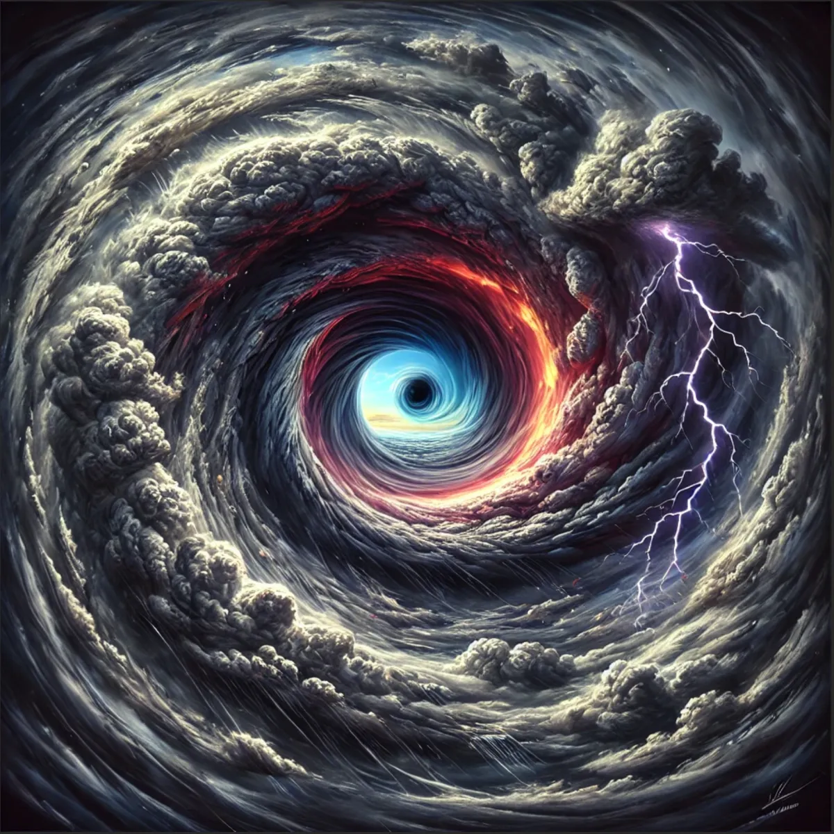 The image is a dramatic and intense depiction of a swirling storm with a vivid, central eye. The storm appears to spiral inward, creating a sense of movement and chaos. Dark, turbulent clouds surround the eye of the storm, with flashes of lightning and streaks of rain adding to the sense of violent energy. The eye at the center is strikingly calm and blue, contrasting with the red and orange fiery hues seen in the clouds near the core of the vortex. The combination of colors—dark grays, blues, reds, and purples—enhances the storm’s intensity, evoking both natural power and a surreal, almost otherworldly atmosphere. The overall effect is a mesmerizing and ominous visual representation of a powerful storm.