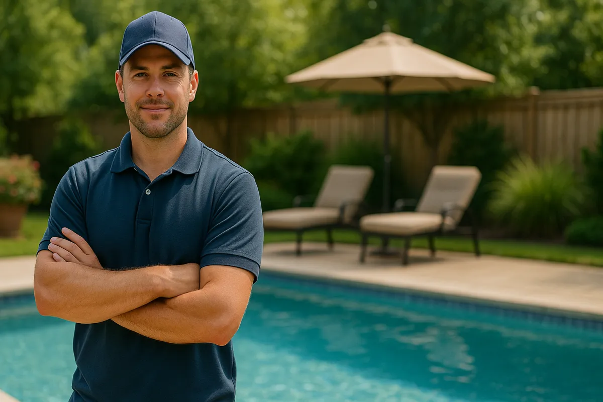 Pool service professional standing confidently with arms crossed in front of a clean backyard swimming pool.