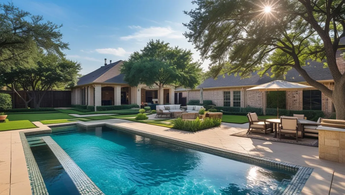 Vibrant, luxurious inground swimming pool with a mosaic tile edge, expansive light-colored patio, comfortable outdoor seating, and green lawn under bright sunshine in a Texas residential setting.