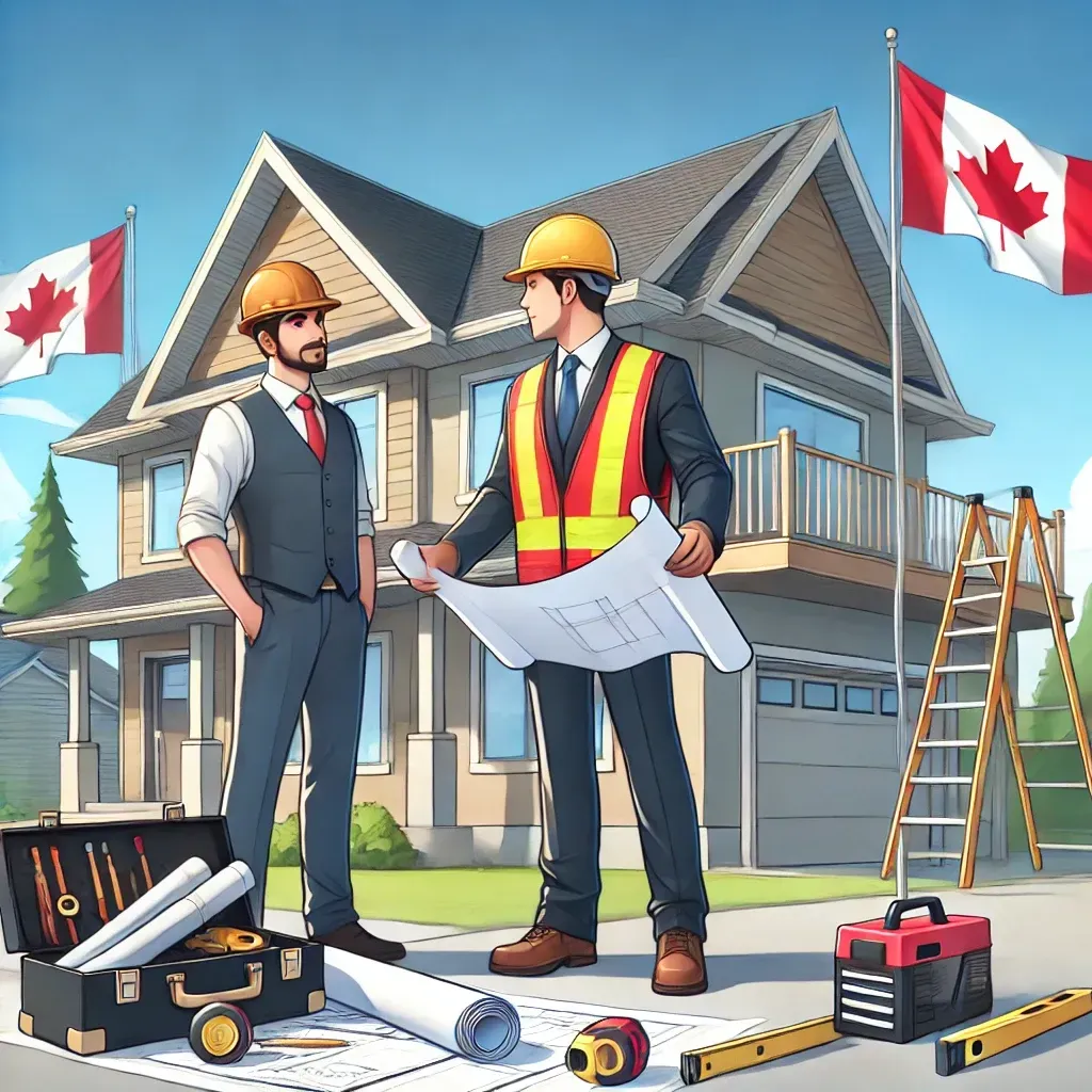 Contractor and homeowner reviewing blueprints in front of a home under renovation, with tools in the foreground.