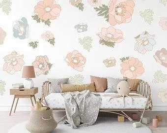 wallpapered wall with couch underneath