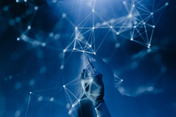 AI interface or robot symbolically awakening or engaging with dormant leads.