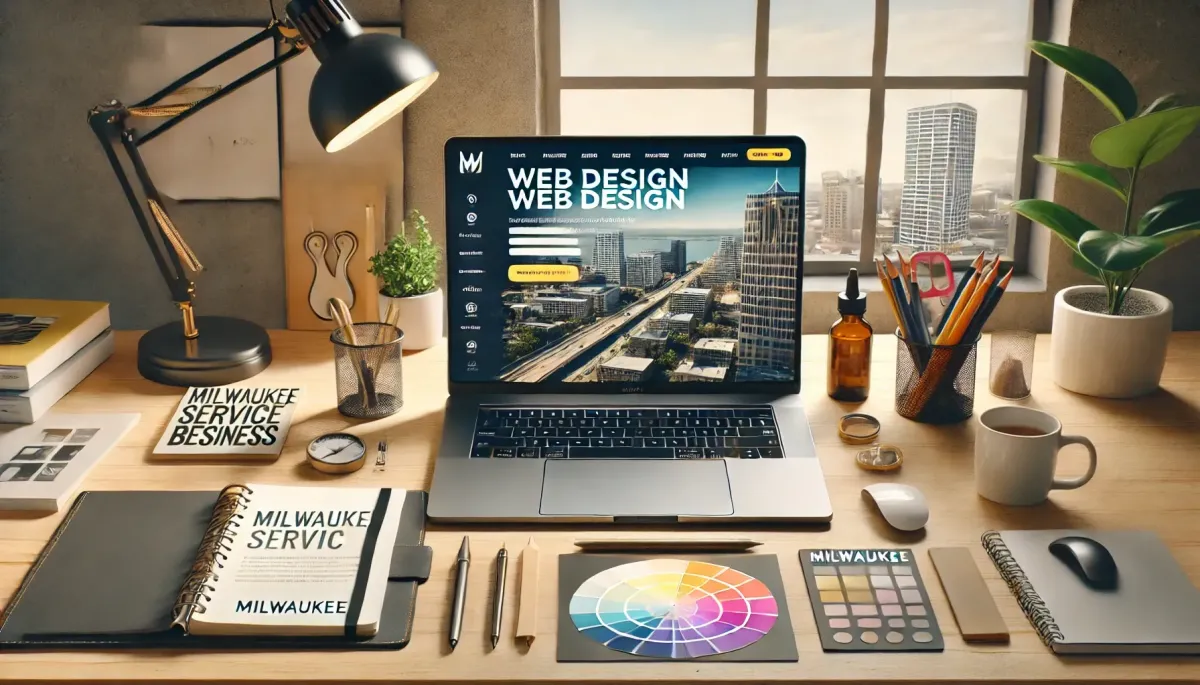 A modern web design workspace featuring a laptop displaying a professional website for a Milwaukee service-based business, with creative tools and a view of the Milwaukee skyline.