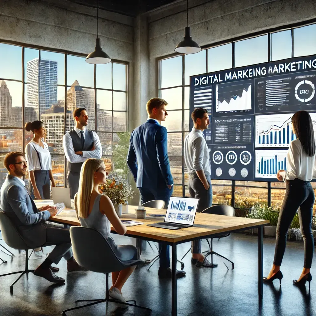 Professional digital marketing agency office in Milwaukee featuring a diverse team collaborating on campaign strategy with large monitors displaying analytics and a Milwaukee skyline visible through the windows