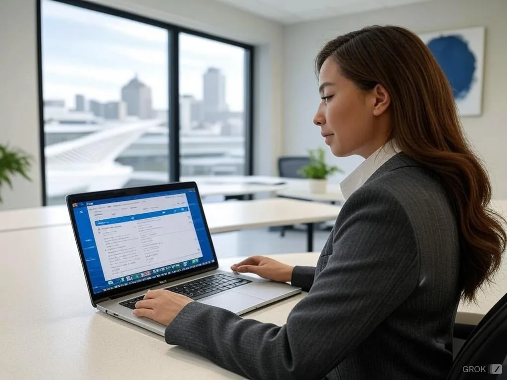 A woman working on a social media post on her laptop with Milwaukee, Wi in the background
