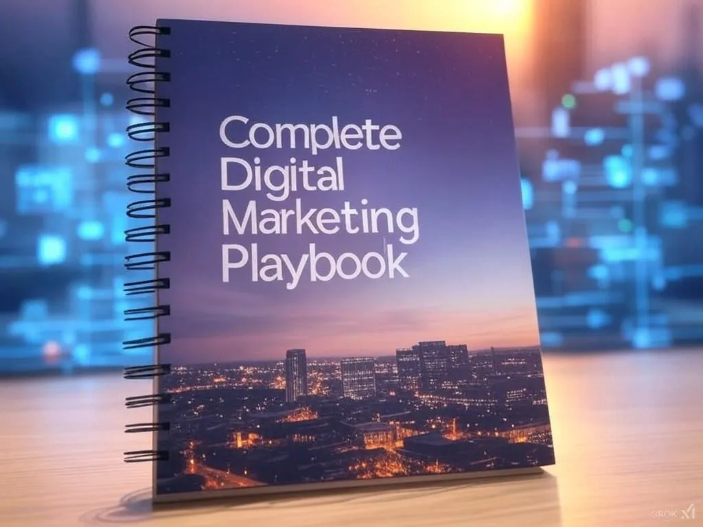 A note book with a city landscape and says Complete Digital Marketing Playbook