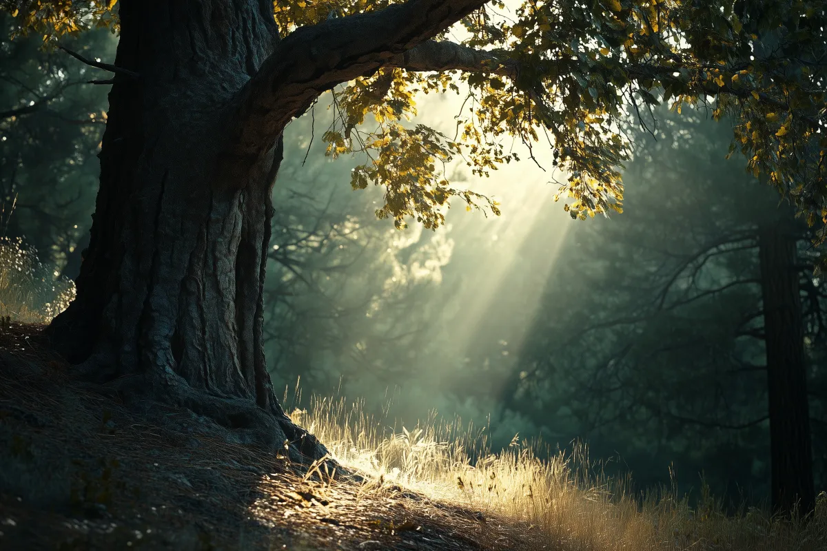 A serene forest scene featuring a majestic, deeply rooted tree with sunlight filtering through its branches. The image conveys strength, connection, and calmness