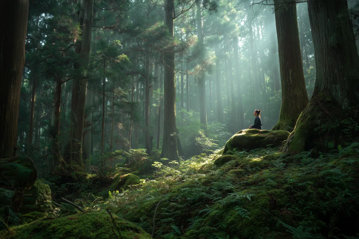 A serene Japanese forest with tall cedar trees, soft sunlight streaming through mist, and green moss covering the forest floor, symbolizing the calming practice of shinrin-yoku (forest bathing)
