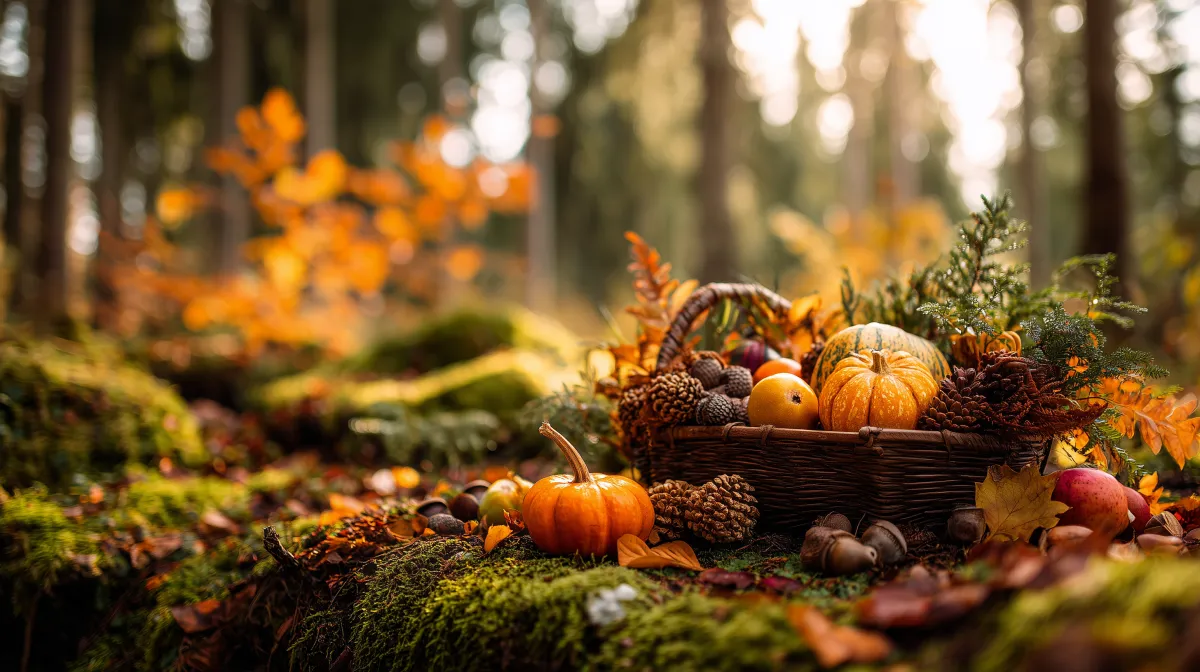 A warm and inviting autumn harvest scene in a forest setting, golden sunlight filtering through amber and orange fall leaves, a rustic wooden table or basket filled with seasonal harvest items like pumpkins, apples, acorns, and colorful gourds, surrounded by moss-covered ground and fallen leaves, soft bokeh background with trees, warm color palette of oranges, golds, and earth tones, peaceful and abundant atmosphere, nature therapy aesthetic, cozy and educational feel, professional photography style, shallow depth of field, natural lighting