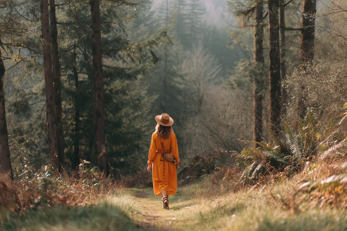 Person walking mindfully through peaceful forest setting nature-inspired new year goals