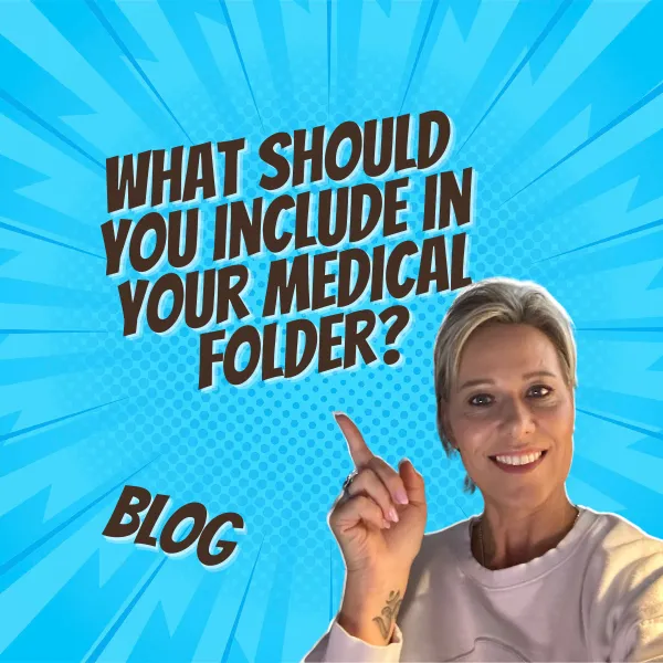 Blog cover image featuring a smiling woman pointing upwards with the text: 'What Should You Include in Your Medical Folder?' in bold letters against a bright blue comic-style background."