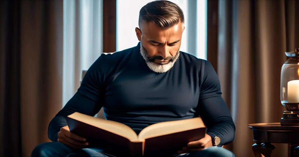 photograph. a relaxed father, sitting comfortably. he is calmly reading a book with a serene expression. the environment is softly lit with natural light, creating a warm and peaceful atmosphere. the father's posture exudes a sense of tranquility and contentment as he enjoys a moment of relaxation. intricate details. extremely detailed. professional, 4k, highly detailed