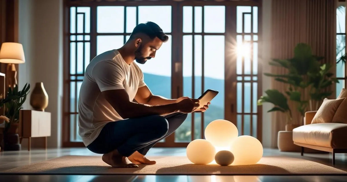 photograph of a father practicing good habits. he is depicted in a serene setting, surrounded by elements that symbolize balance and well-being. the environment is softly illuminated with bright light, emphasizing the peaceful and harmonious atmosphere. intricate details. extremely detailed. professional, 4k, highly detailed