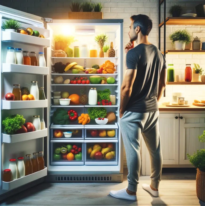 Man looking into a refrigerator filled with healthy snacks. The scene captures the theme of making a healthy choice with an array of nutritious options available.