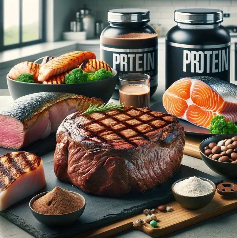 A large, well-grilled steak as the centerpiece, surrounded by other high-protein foods, set on a modern kitchen counter.