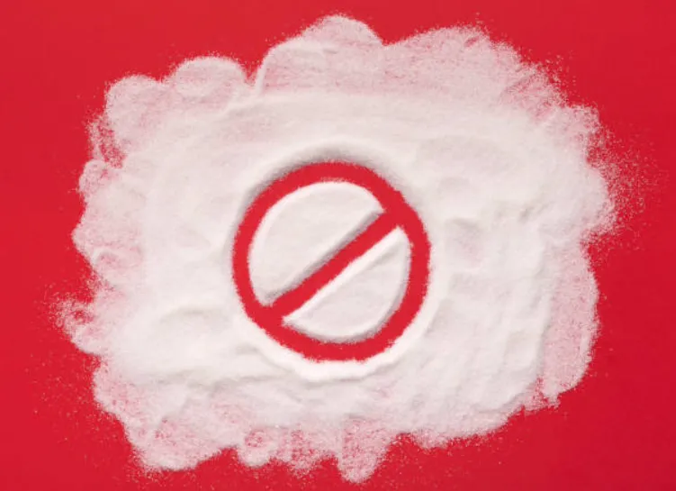 Stop prohibition sign on sugar. Diet and weight loss, refusal of sweet. Diabetes problems, harm from eating, dependence on flavoring. Challenge.