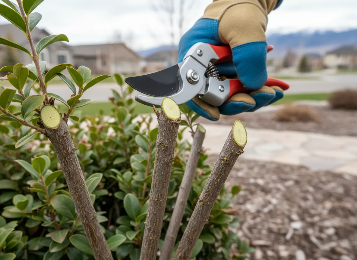 Close-up of clean pruning cuts on a shrub using bypass pruners in Utah