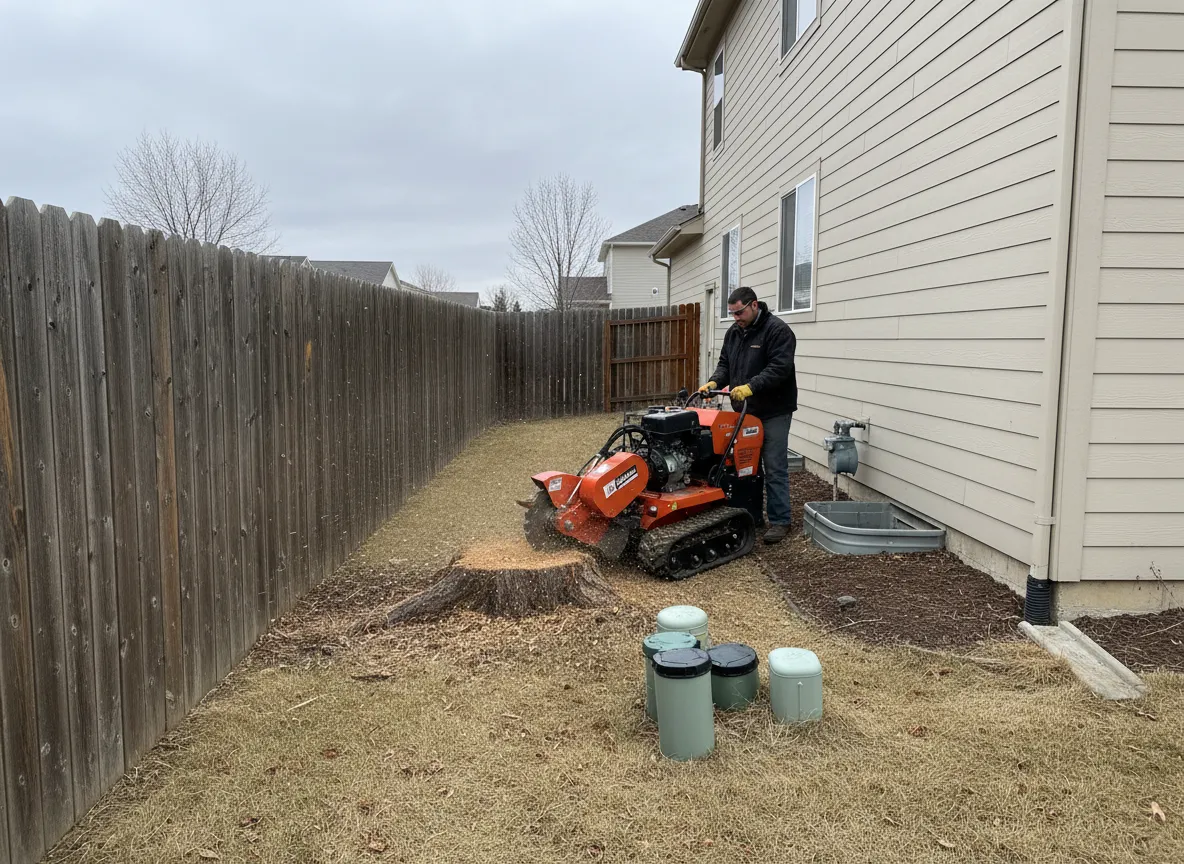 Stump grinder removing surface roots in a Layton, Utah yard