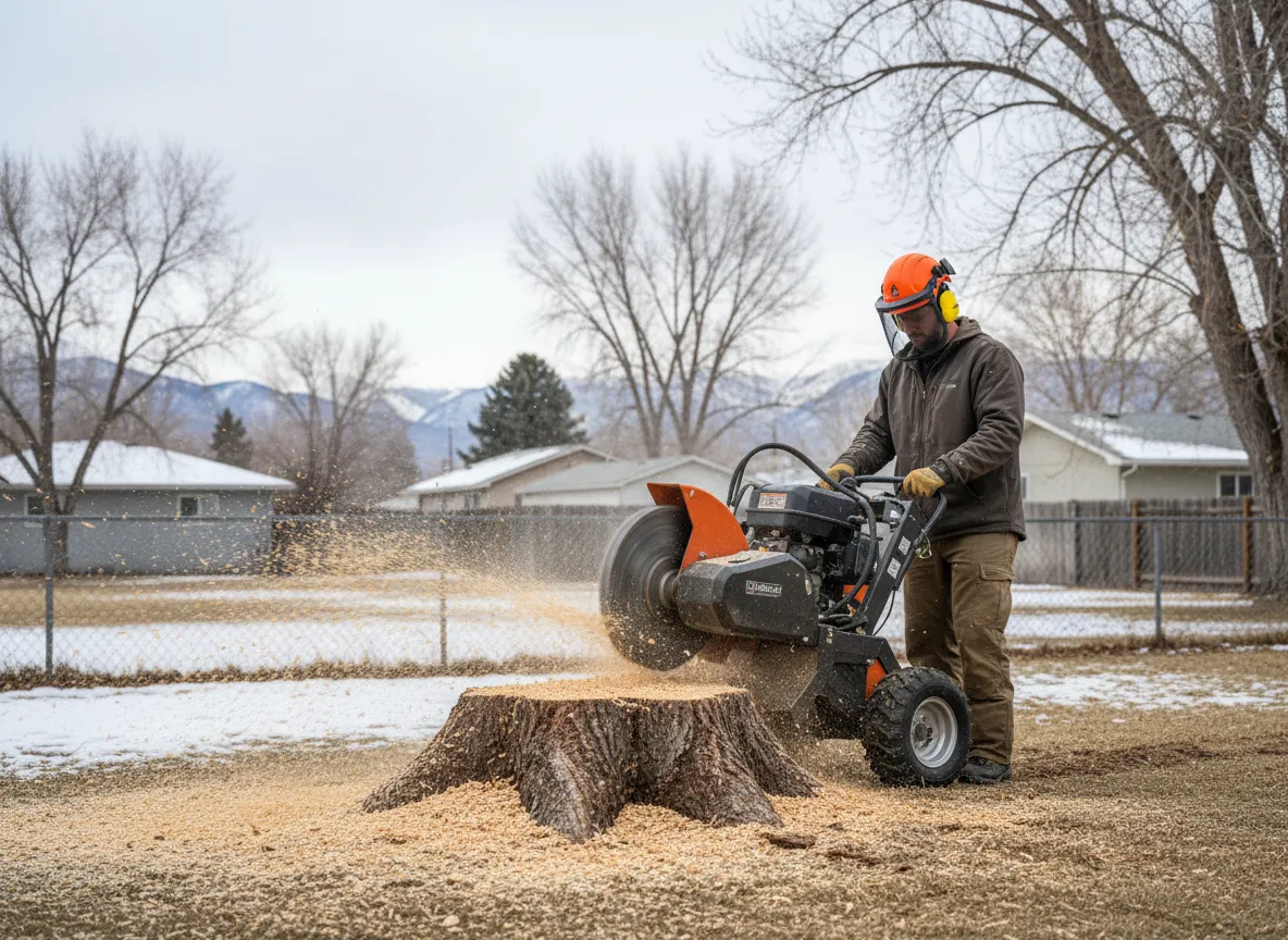 Stump grinder working in an Ogden, Utah backyard with wood chips