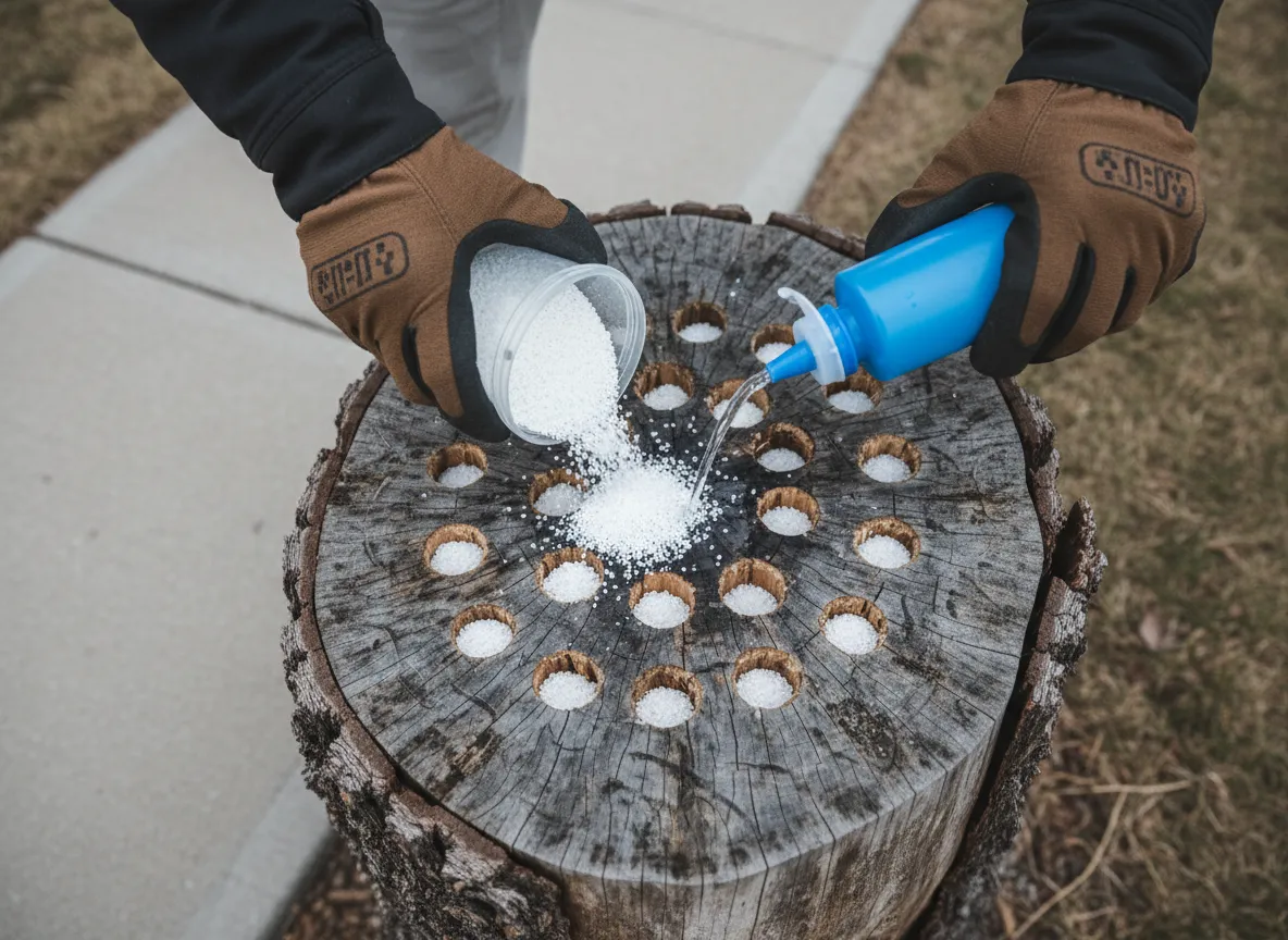 Stump dissolver granules applied to drilled holes in a tree stump in Utah