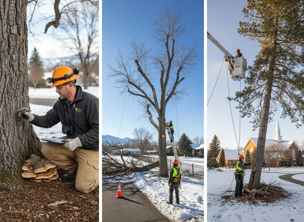Visible trunk crack and lean indicating a hazardous tree at a Utah home